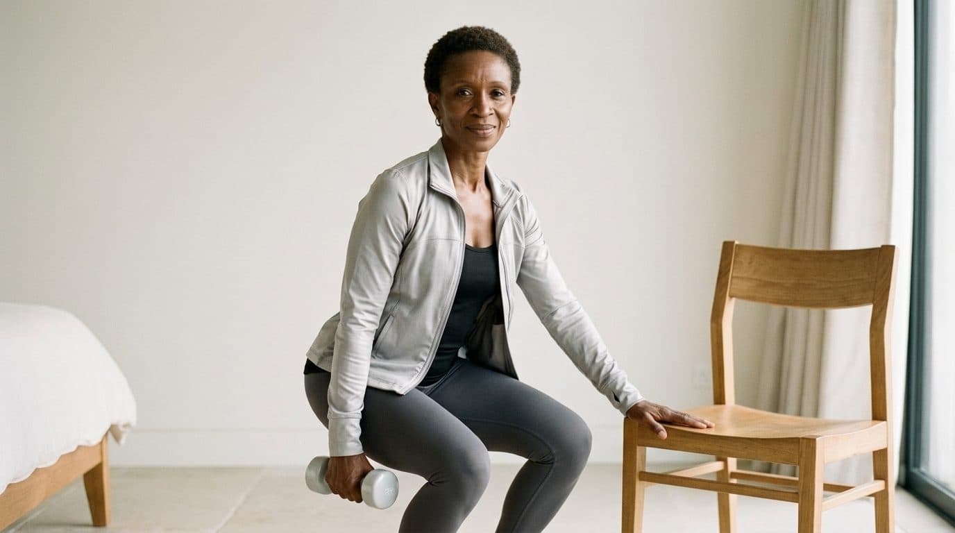 Woman in barre lunge position holding wooden chair and dumbbell in bright studio