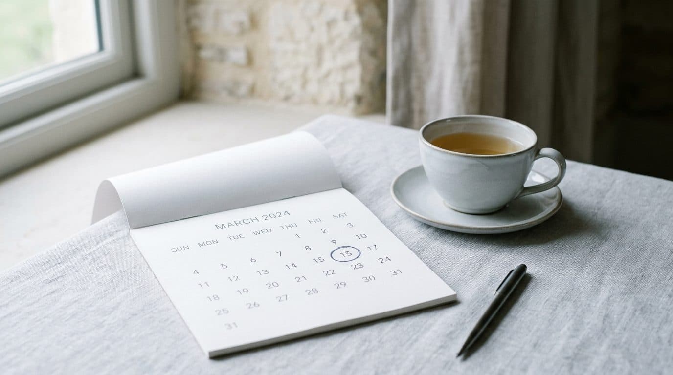 Calendar page, cup of tea, and pen on light fabric surface by window