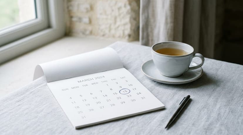 Calendar page, cup of tea, and pen on light fabric surface by window