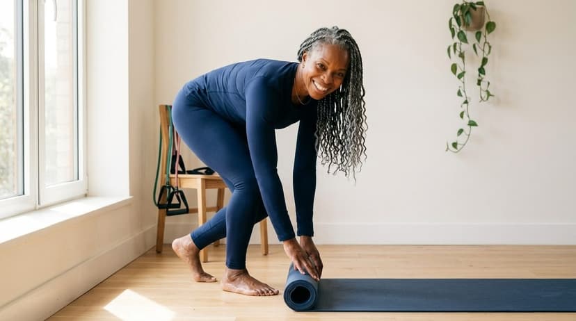 Woman in navy workout gear rolling up a mat in a bright, naturally lit barre studio