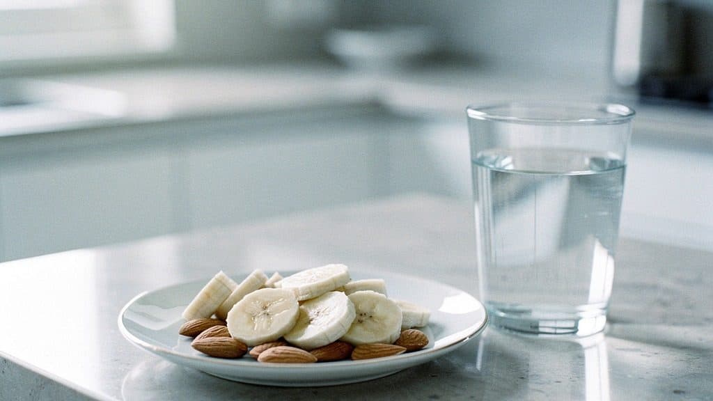 Sliced bananas and almonds on a white plate with a glass of water on a minimalist kitchen