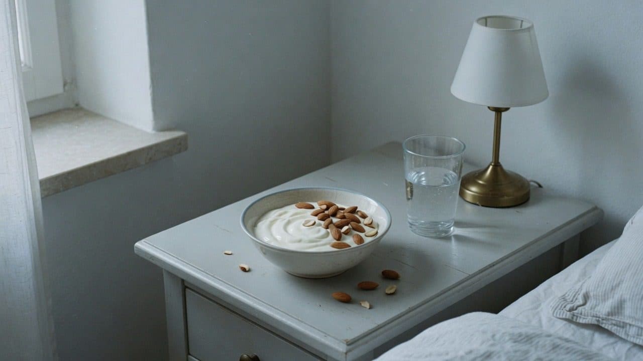 Bedside table with white bowl of yogurt, almonds, water glass, and brass lamp