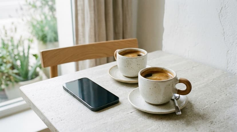 Coffee cups and smartphone on white speckled table in bright minimal interior