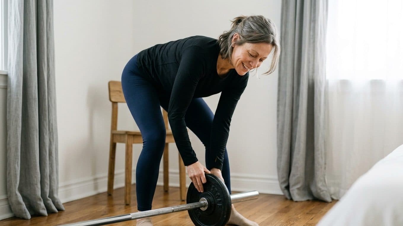 Woman performing a barre movement with a barbell in a bright home fitness studio