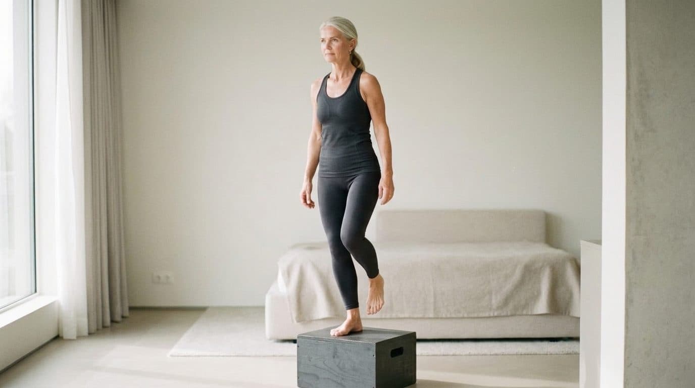 Woman in black workout attire stands on a gray step platform in a bright room