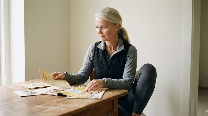Woman in athletic wear studying printed materials at wooden table