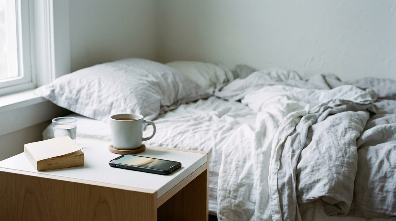 Rumpled bed with pillows beside wooden nightstand holding book, phone, coffee mug and water glass