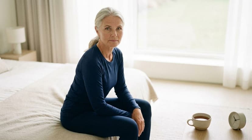 Woman in dark blue shirt sitting on bed in bright bedroom