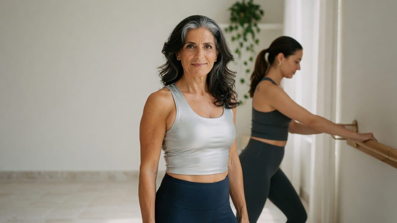 Woman holding barre rail in bright studio during workout, another participant visible behind her