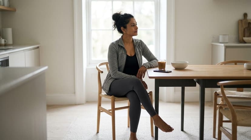 Woman seated at a wooden dining table in a bright minimalist kitchen, looking toward the window