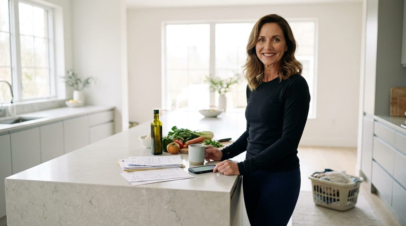 Woman in black top stands at a kitchen island with vegetables and papers