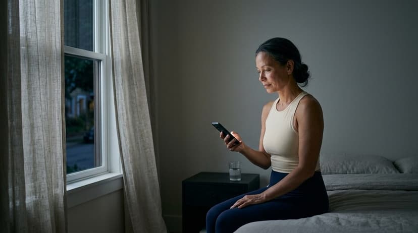 Woman looking at phone sitting on bed at night by window