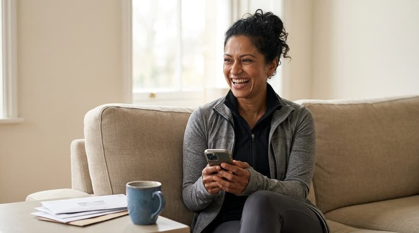 Woman holding phone and smiling, seated on beige couch in bright windowed room