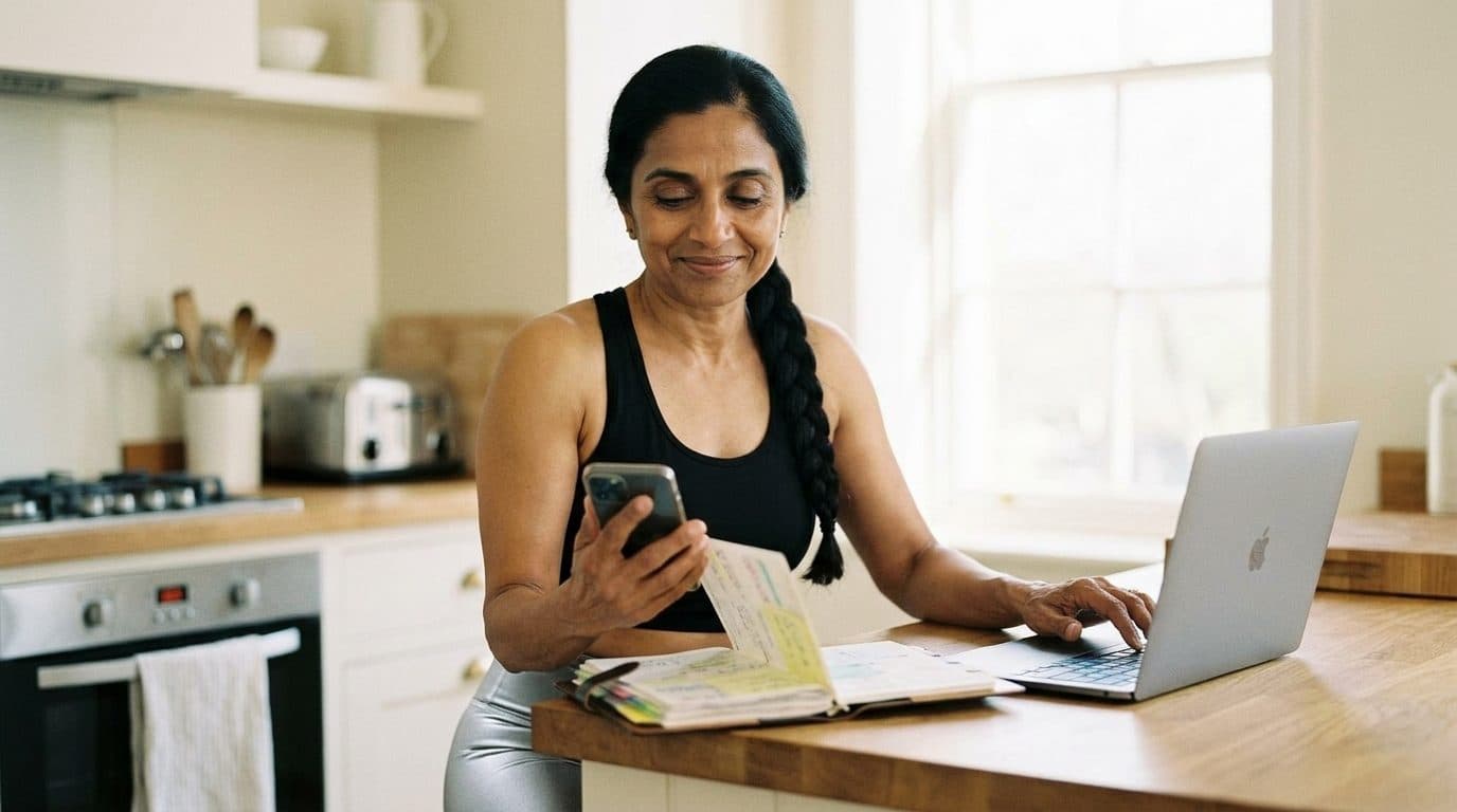 Woman at kitchen table working on laptop and checking phone