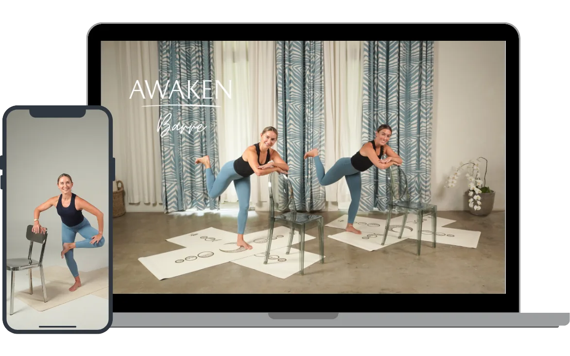 Awaken Barre sessions shown on laptop and phone — practice anywhere.