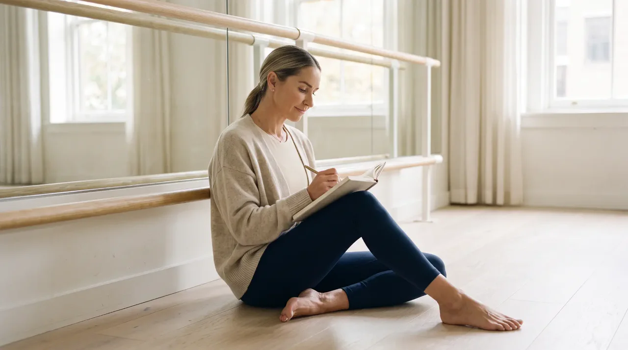 A woman seated in a bright Barre studio writing in a notebook