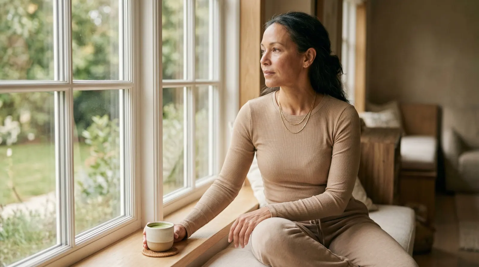 Woman in her forties sitting by a window with a cup of tea, looking thoughtful.