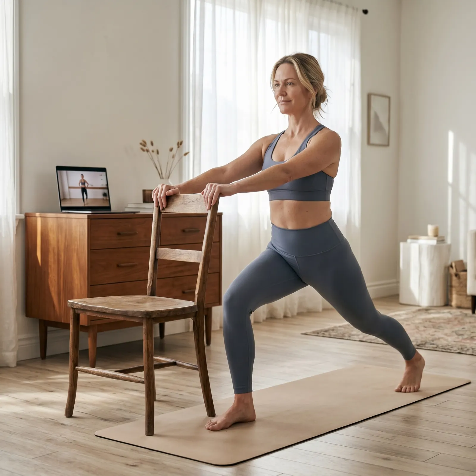 Woman practising a Barre lunge at home, using a chair for support, laptop in the background.