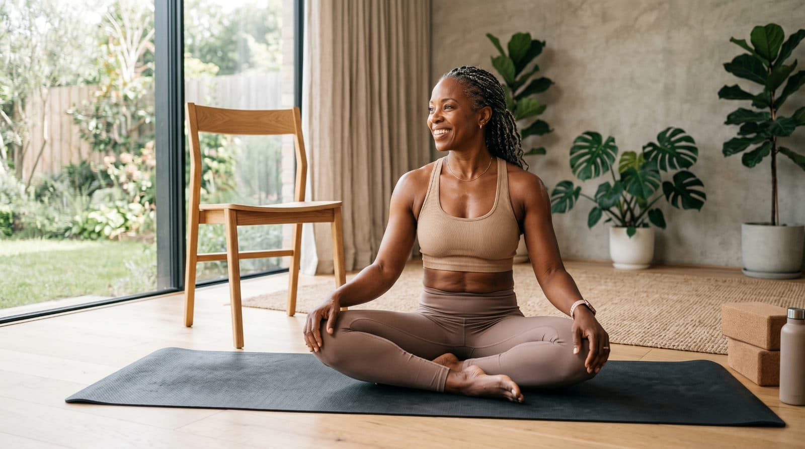 Woman practising a calm seated moment on a Barre mat at home.