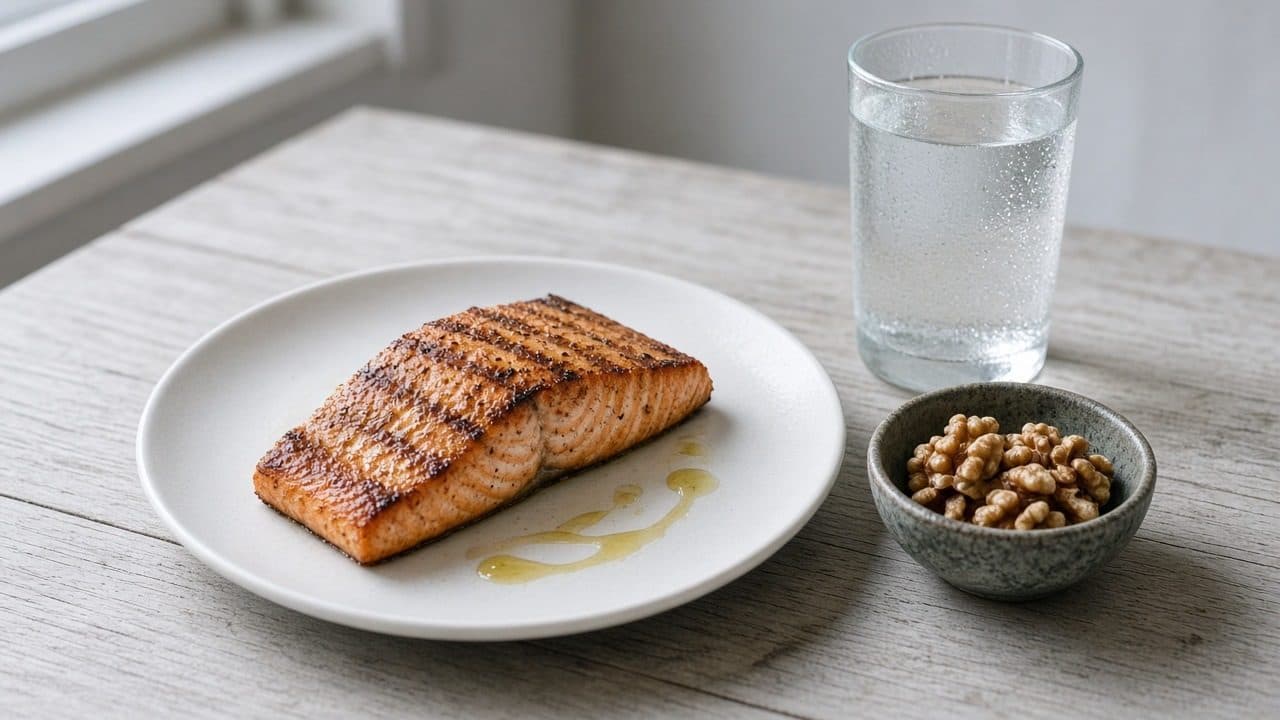 Baked salmon, chickpeas, and sparkling water arranged on wooden table