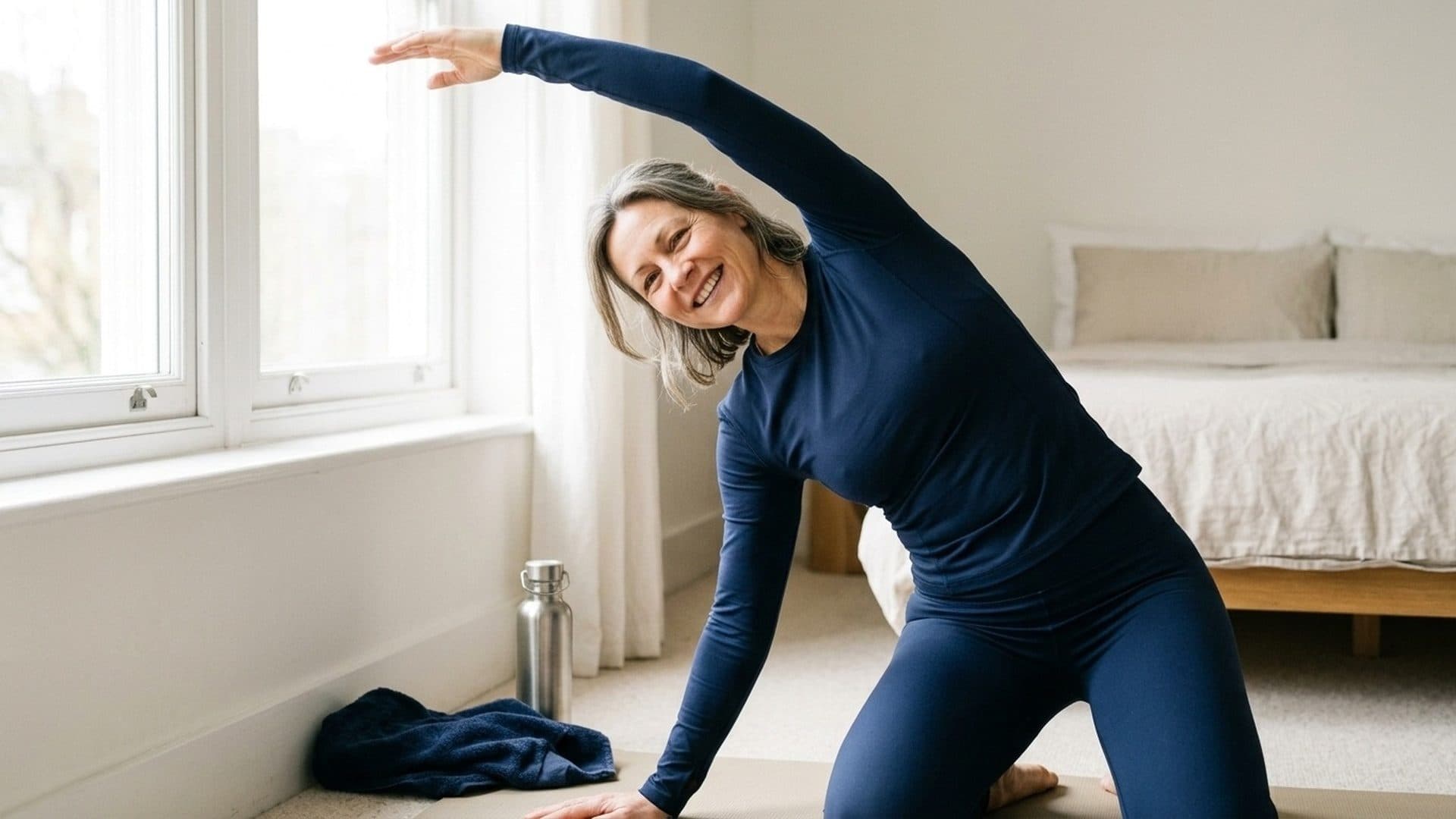 Woman in navy workout clothes performing a side stretch in a bright bedroom