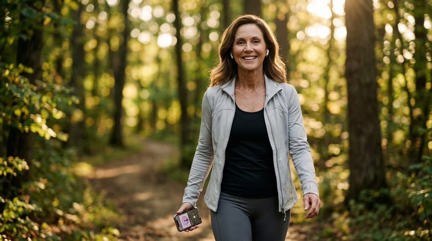 Woman walking forest trail with fitness watch, surrounded by tall sunlit trees