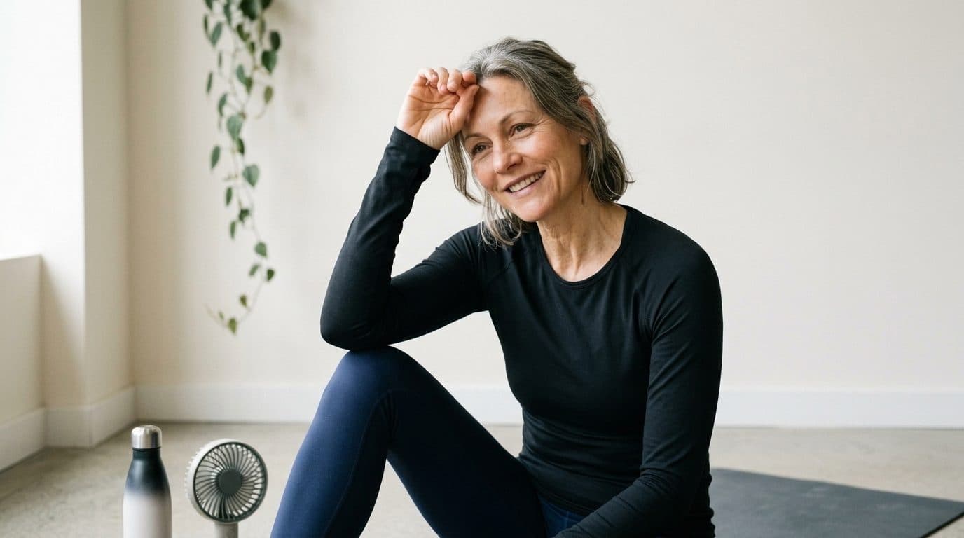 Woman in black shirt and blue leggings sitting on exercise mat, smiling at camera