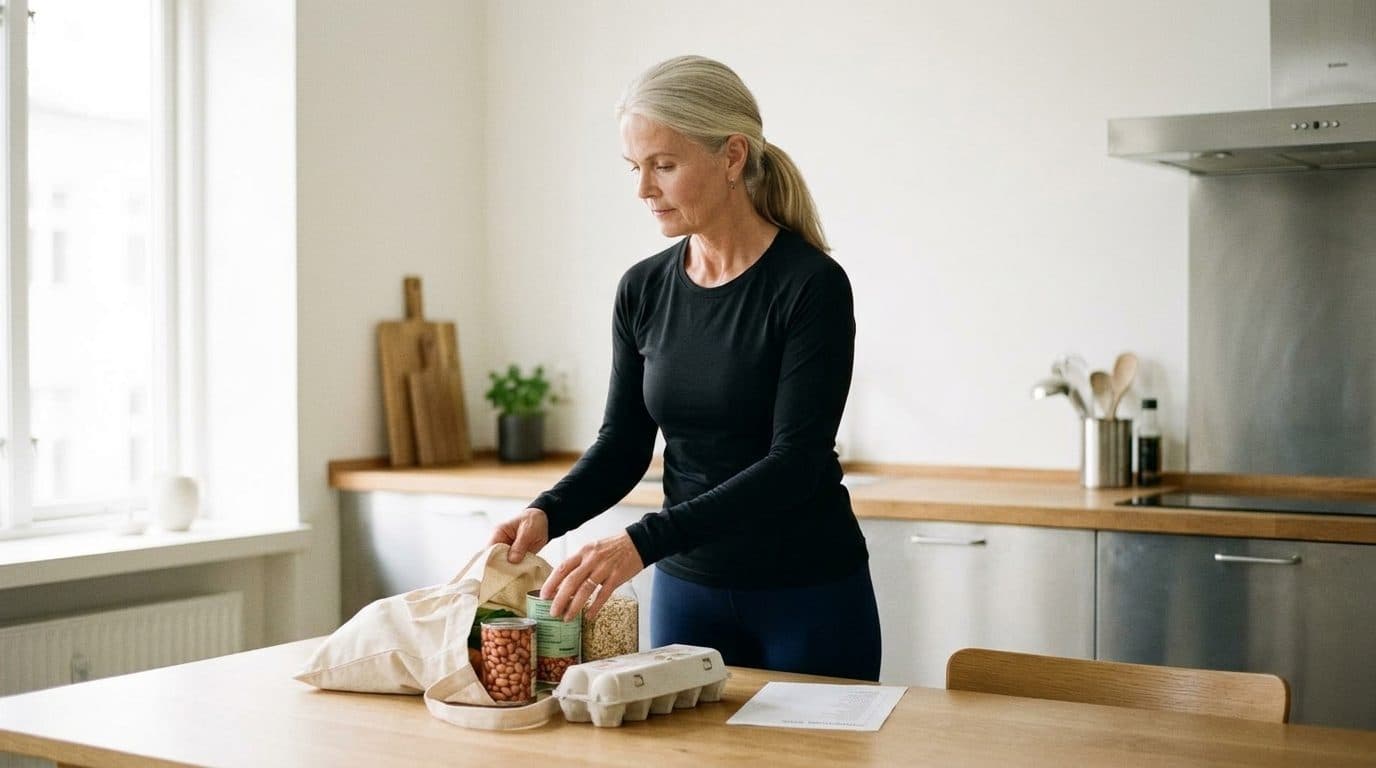 Woman organizing legumes, grains and eggs on a kitchen table