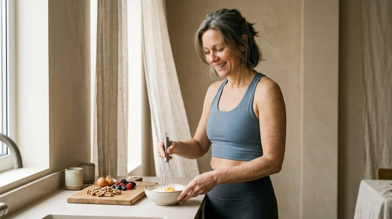 Woman whisking food in a sunlit kitchen with fresh ingredients arranged on a wooden cutting board