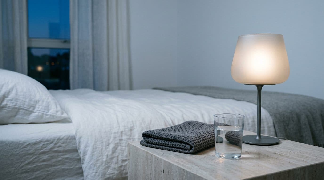 Bedside table with glowing lamp, water glass, and folded blanket in a minimalist bedroom