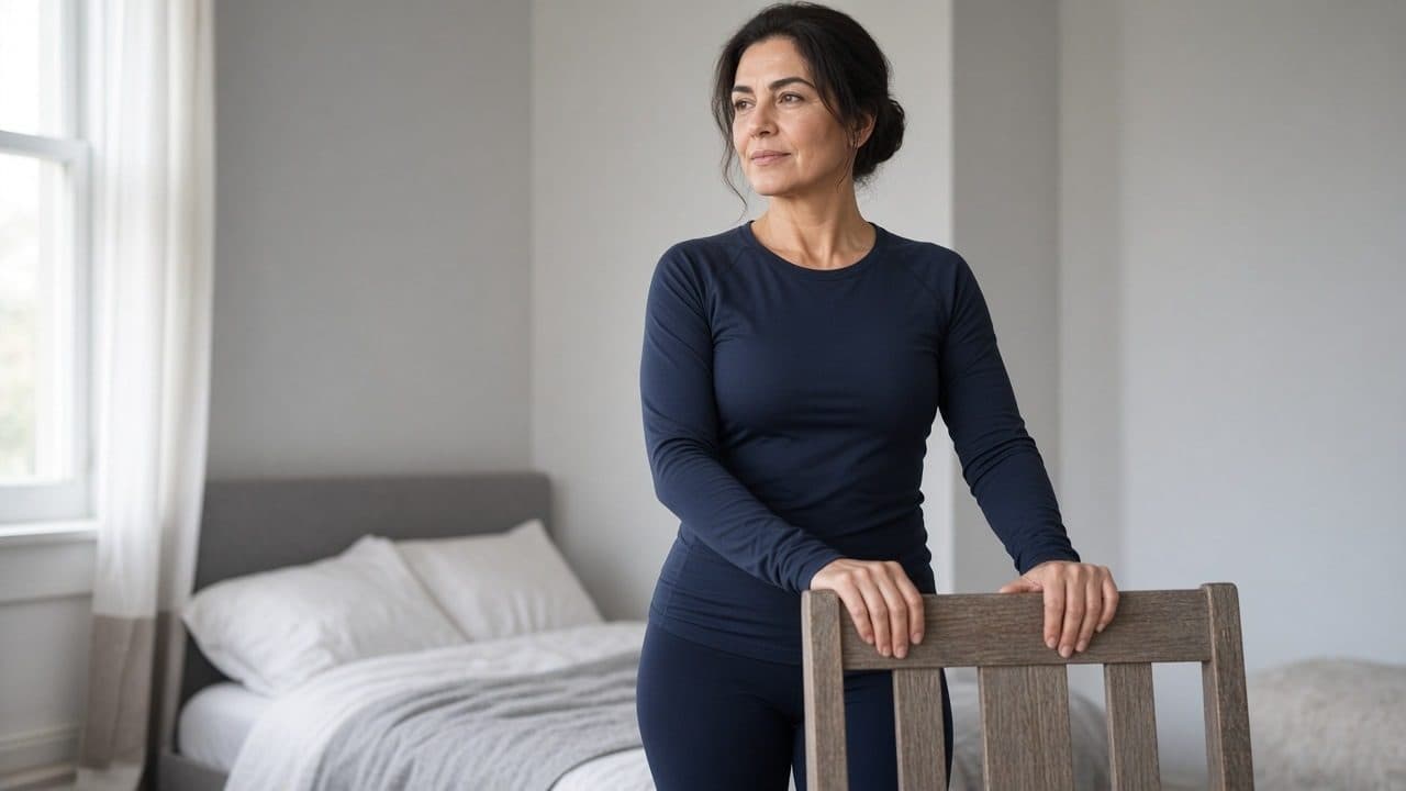 Woman in dark shirt holding wooden chair in bright bedroom with bed behind her