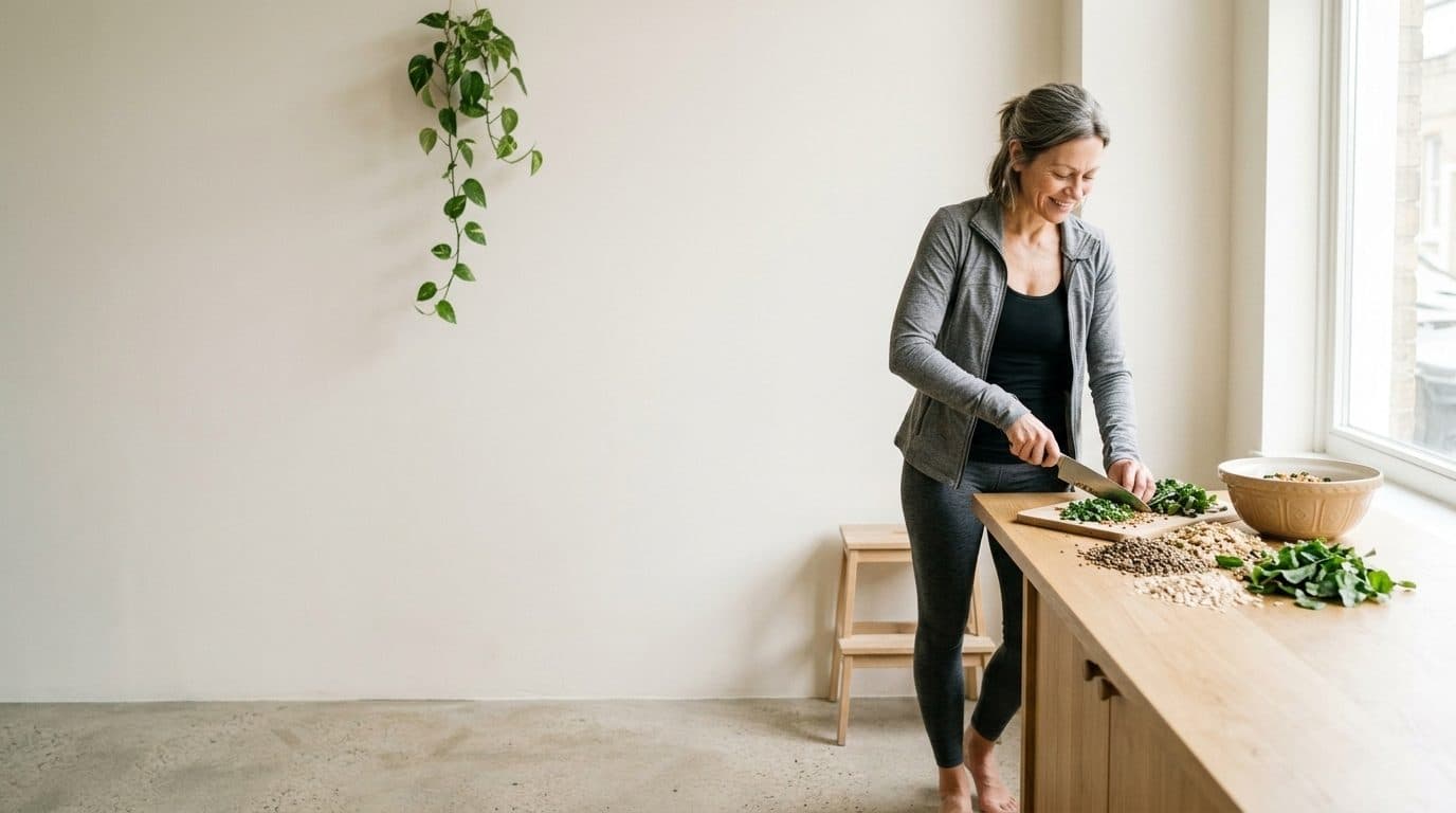 Woman chopping fresh herbs at a wooden kitchen counter in a bright, minimalist space