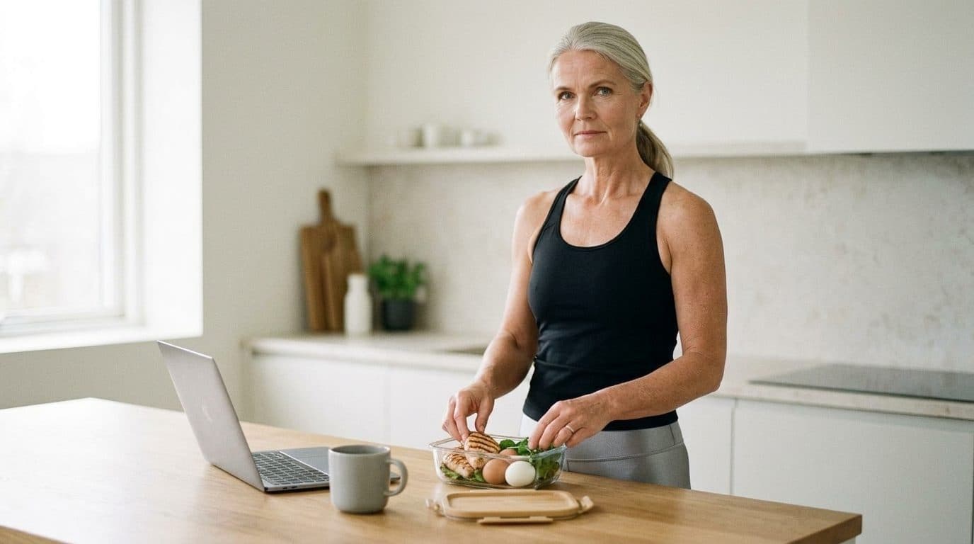 Woman arranging grilled chicken and fresh greens at bright kitchen counter