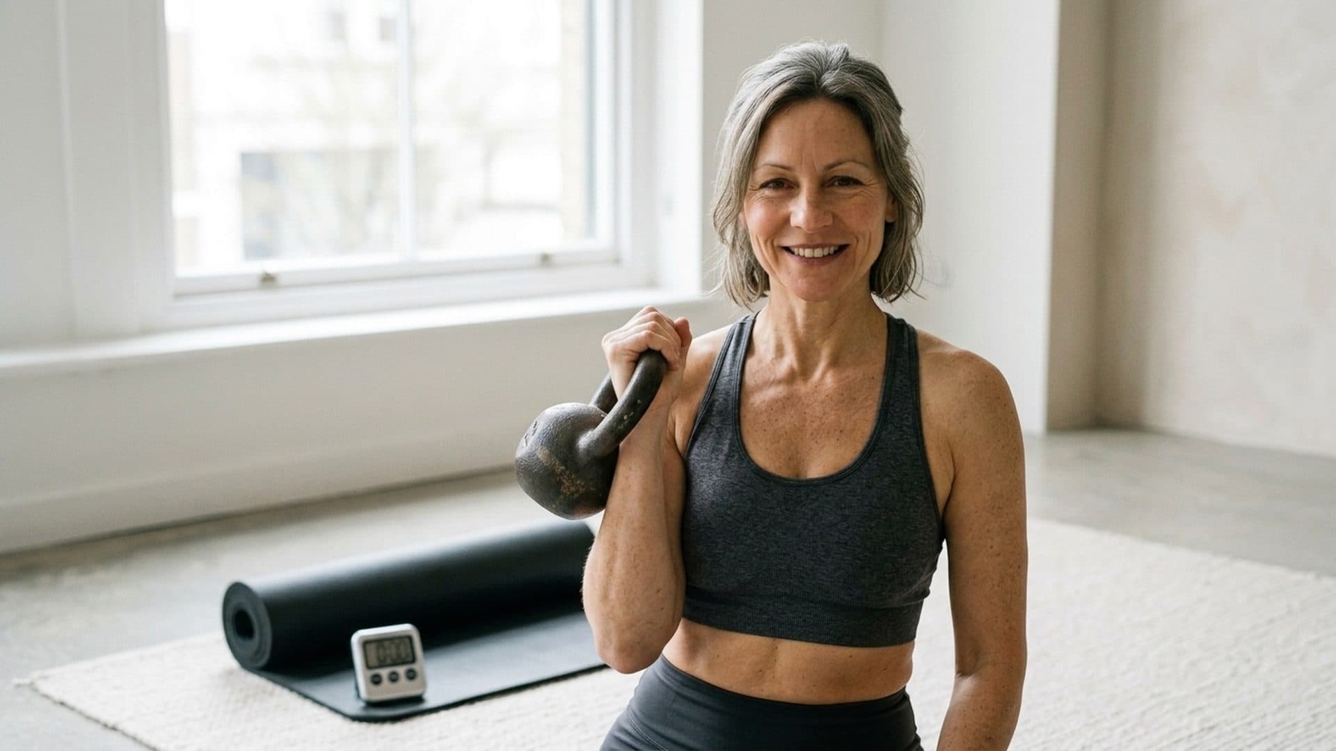 Woman holding a kettlebell beside a mat in a bright room