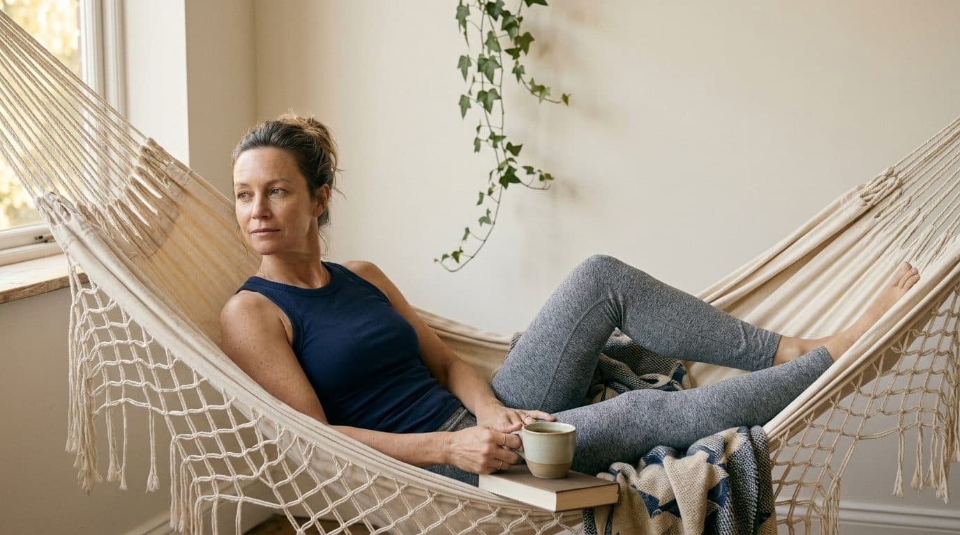 Woman reclining in a beige hammock with a cup in a sunlit room with plants and windows