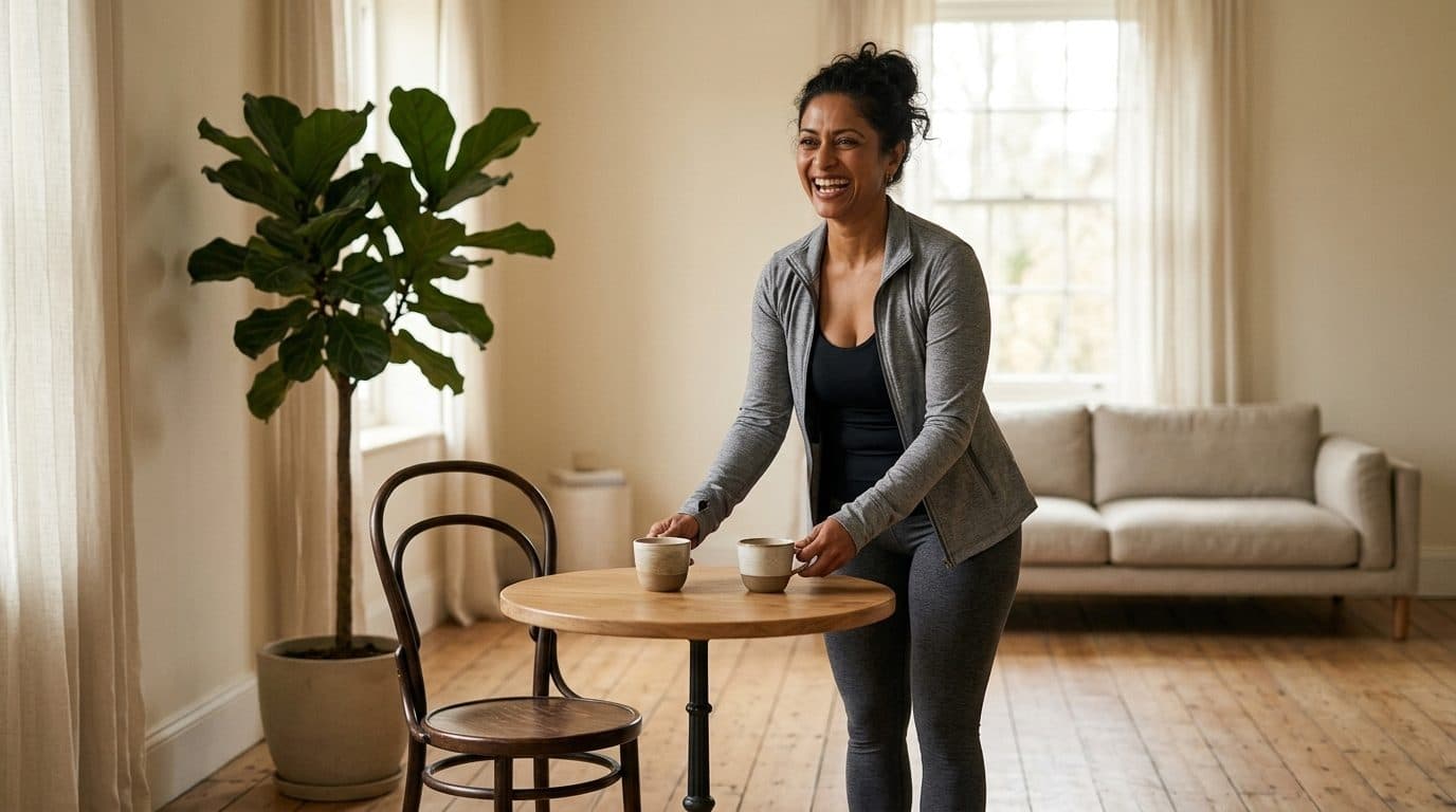 Woman in athletic wear standing at a wooden table in a bright living room
