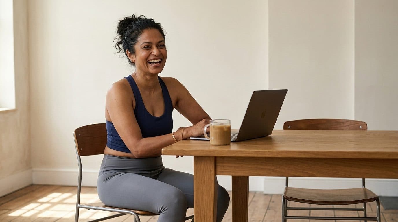 Woman in workout wear sits at a wooden desk with laptop and coffee in a bright, minimalist room