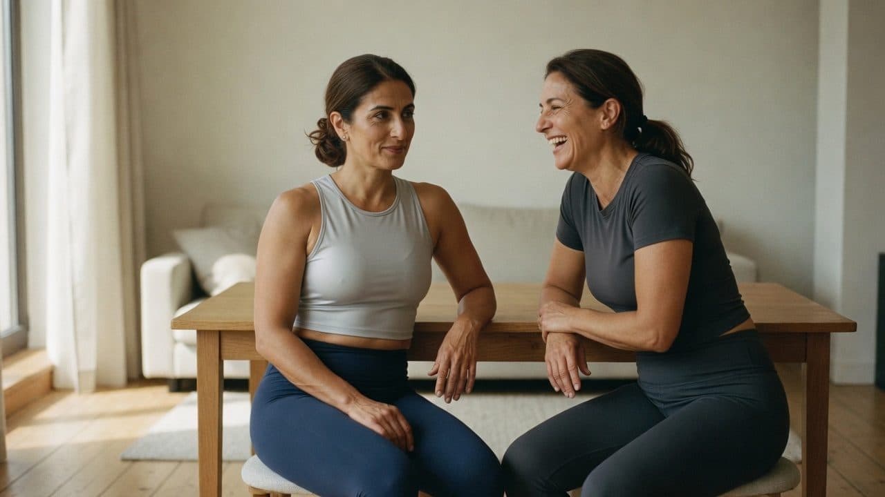 Two women sitting on a wooden bench facing each other, talking in a bright room