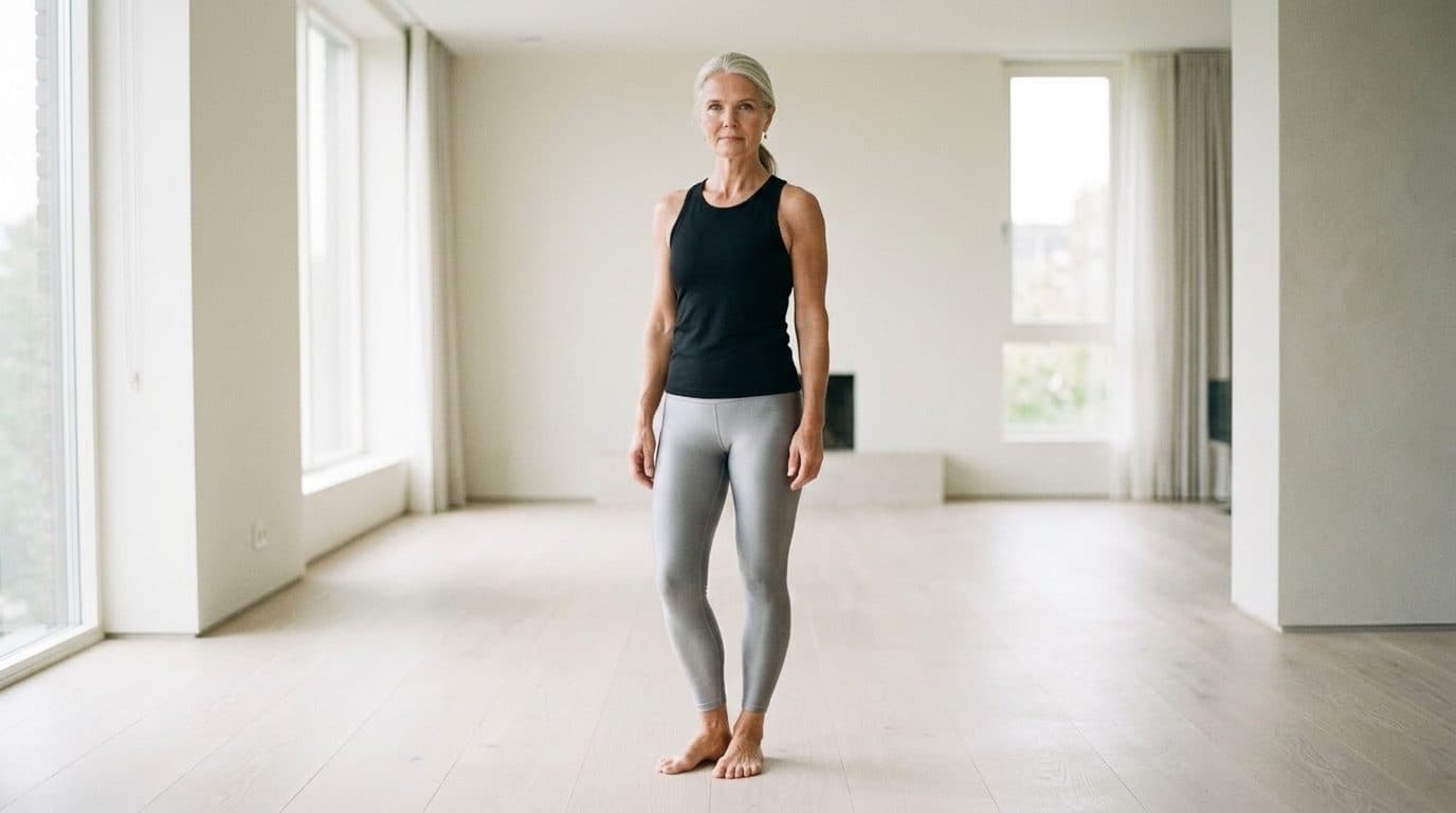 Woman stands barefoot in a bright empty studio in tank and grey leggings