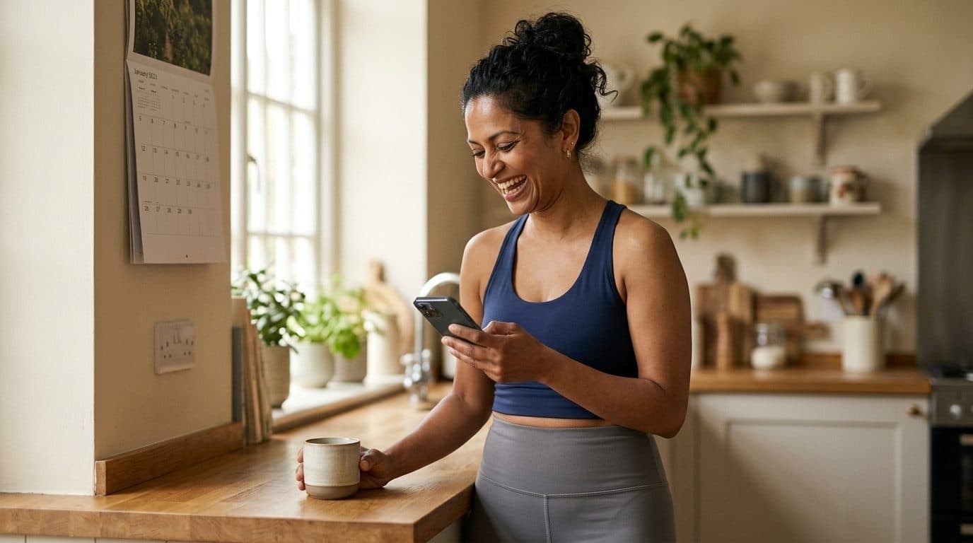 Woman in activewear smiling at her phone while holding a mug in a bright kitchen