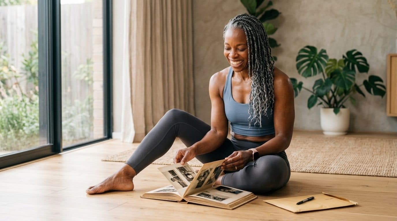 Woman sitting cross-legged examining a photo album in a bright living room
