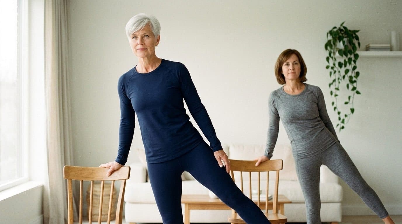 Two women perform barre exercises using wooden chairs in a bright room with windows