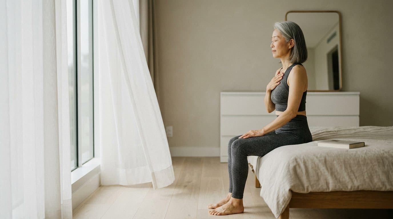 Woman in dark athletic wear sitting on bed in bright, minimal bedroom