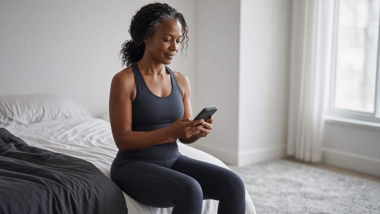 Woman in fitness wear sitting on bed, checking phone in bright bedroom