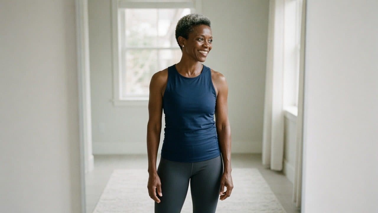 Woman in blue tank top standing in bright sunlit hallway