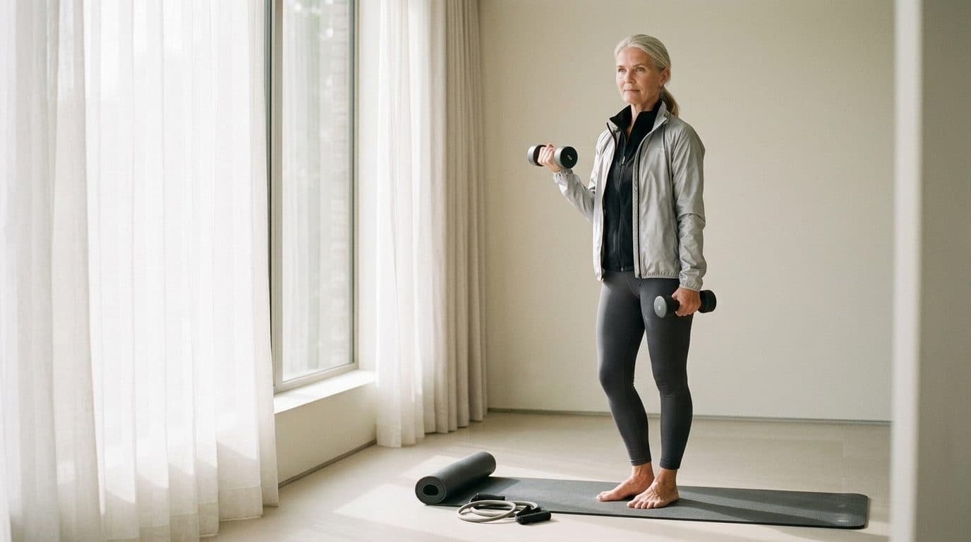 Woman standing on exercise mat holding dumbbells in bright minimalist room