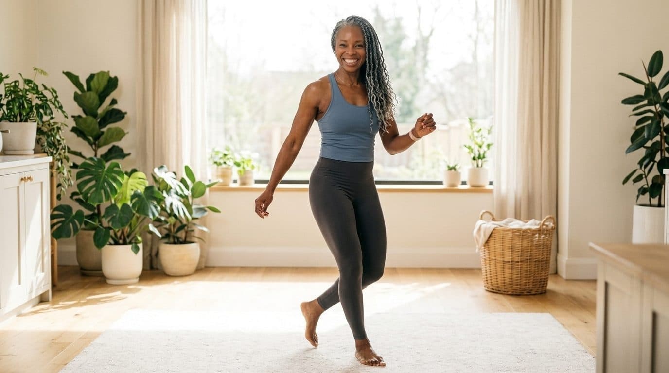 Woman jogging in a bright, plant-filled room with sunlit windows and minimalist decor