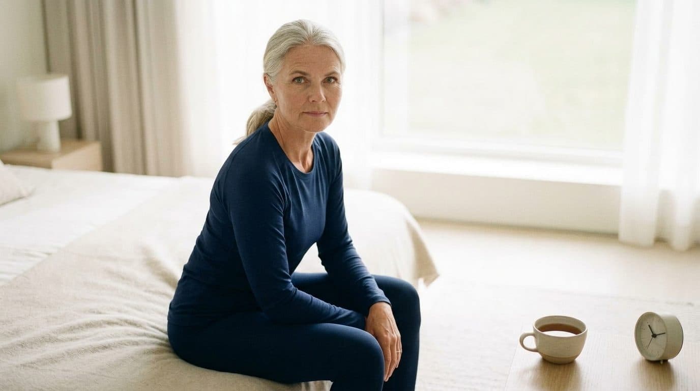 Woman in dark blue shirt sitting on bed in bright bedroom