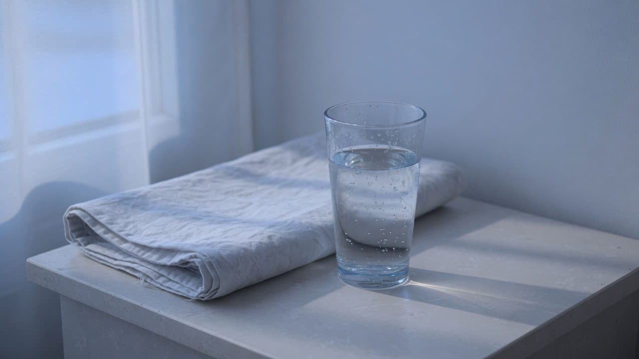 Glass of water and folded cloth on bright white bedside table
